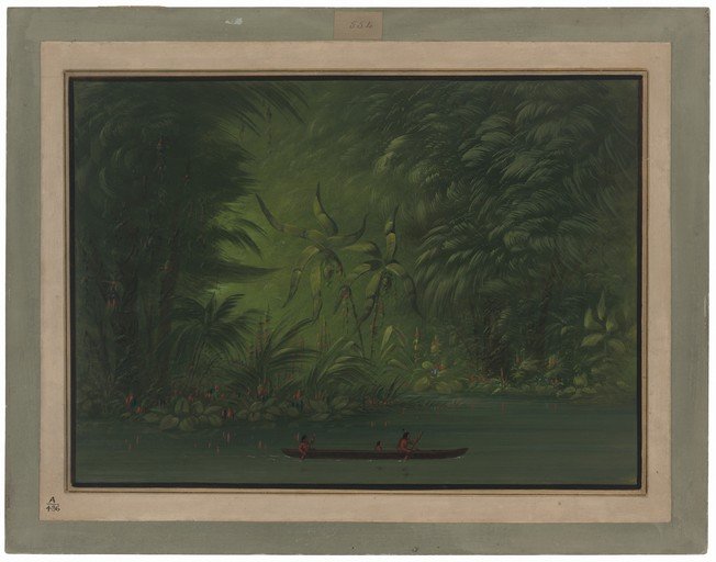 Jungle River Scene with Canoe and Figures