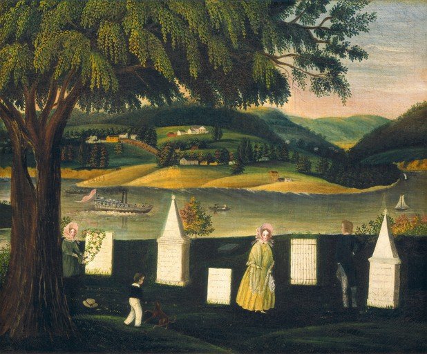 American Folk Art Cemetery Scene with River and Landscape