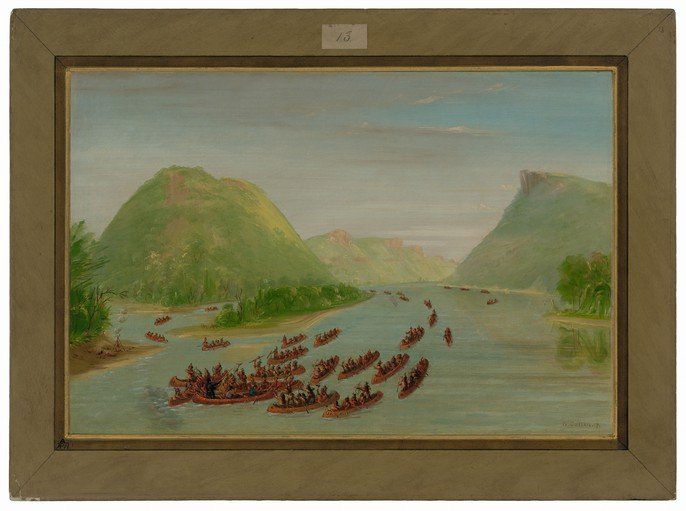 Native American Canoe Fleet on a River