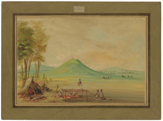 Native American Camp Scene with Distant Herd