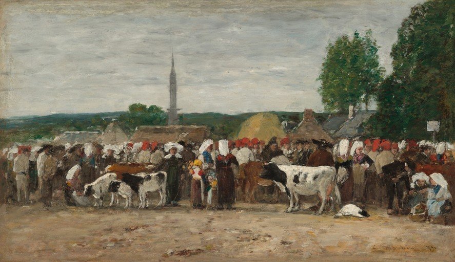 Rural Market Scene with Cattle and People