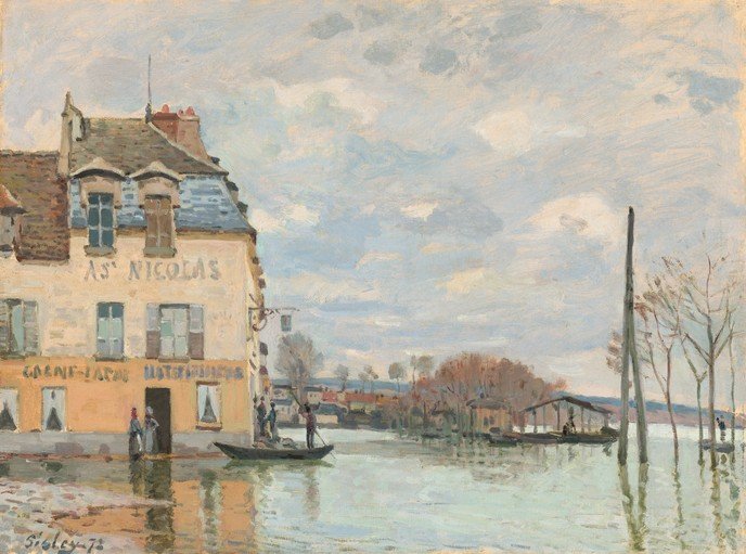 Flooded Landscape with Buildings and Boats