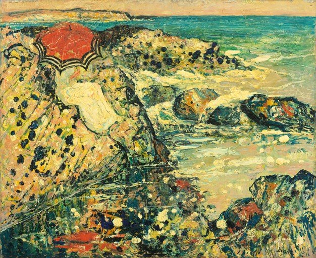 Impressionist Beach Scene with Woman and Umbrella