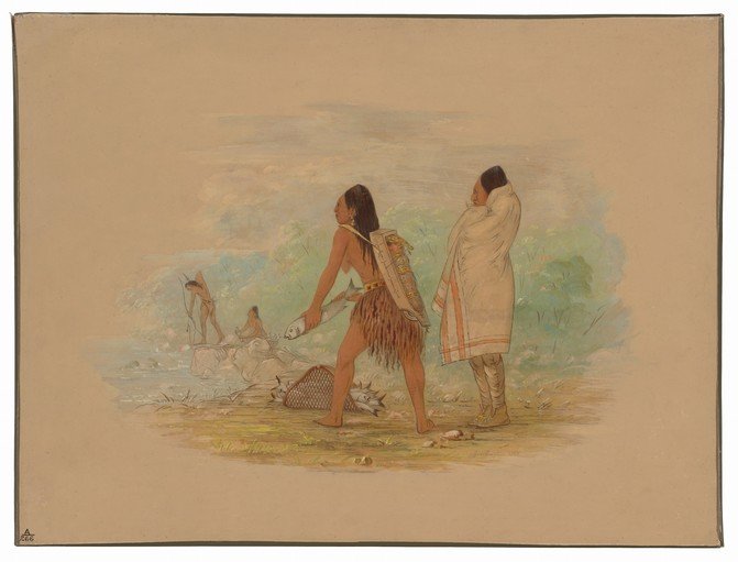 Native American Fishermen by a River