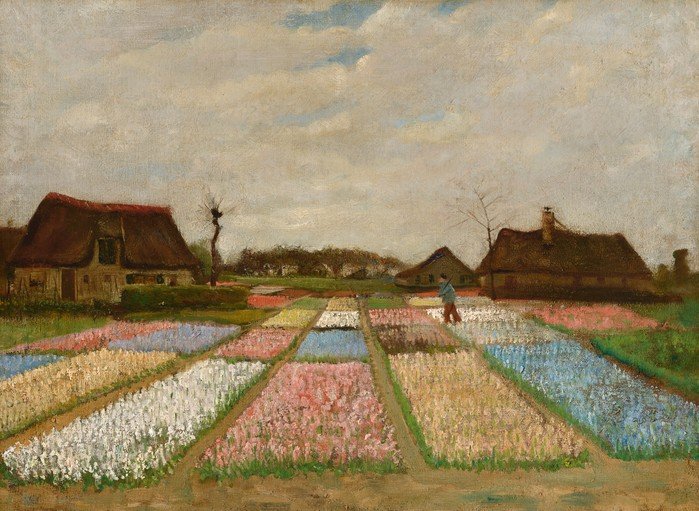 Man Tending Flower Field with Thatched Roof Houses