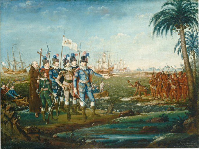 European Explorers Encounter Indigenous People in a Tropical Setting