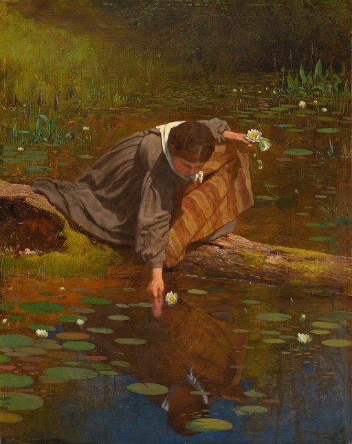 Girl Picking Water Lilies by a Pond