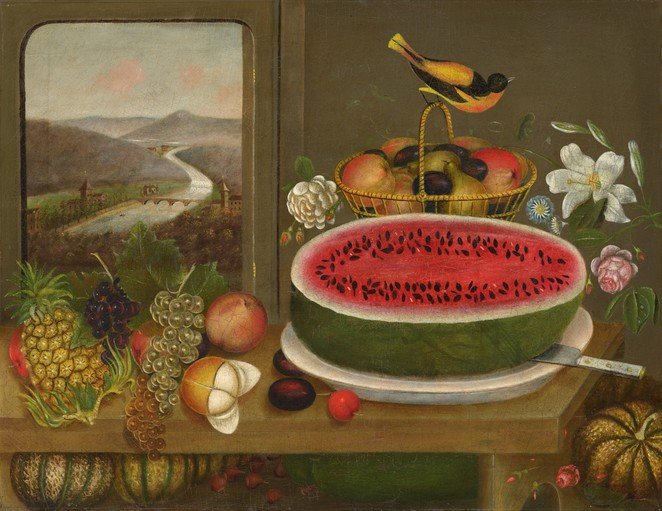 Still Life with Fruit, Bird, and Landscape
