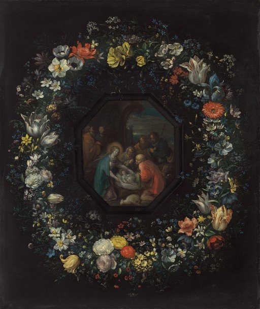 Adoration of the Shepherds in a Garland of Flowers