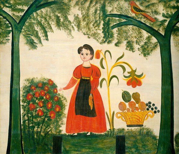 Folk Art Painting of a Woman in a Garden with Fruit and a Bird