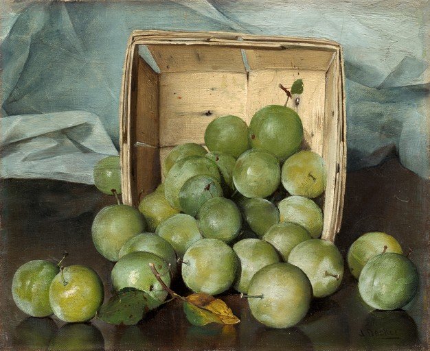 Still Life of Green Plums in a Basket