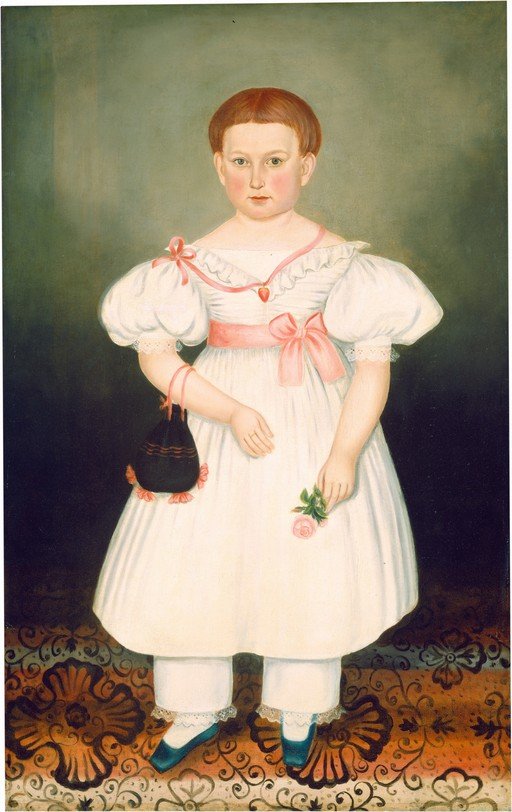 Portrait of a Young Girl in a White Dress with Pink Accents