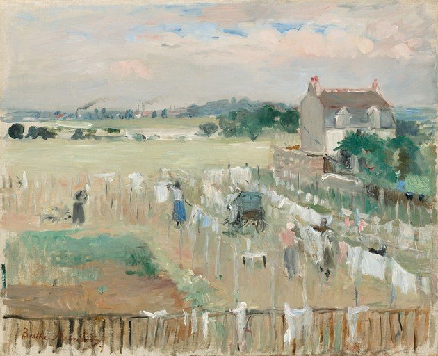 Women Hanging Laundry in a Rural Landscape