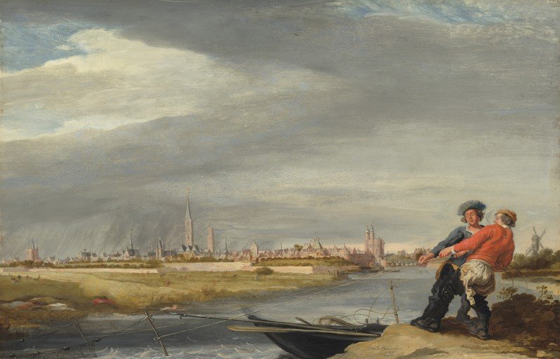 Dutch Landscape with Two Fishermen Hauling a Net