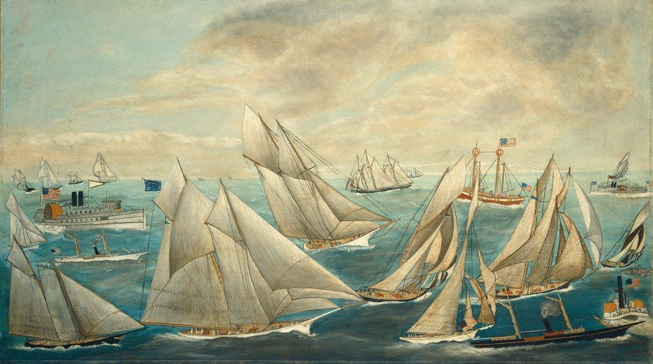 Nautical Scene with Sailboats and Steamships