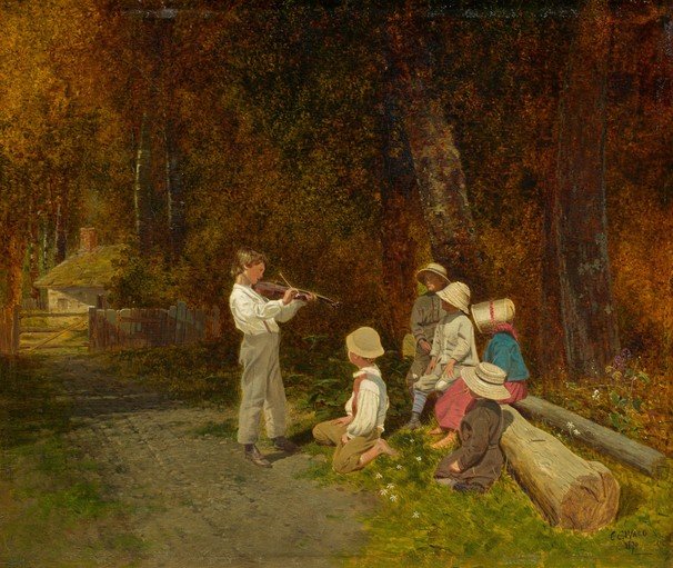 Children Gathered to Hear a Boy Play Violin in a Forest