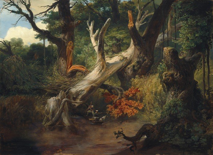 Romantic Forest Scene with Hunters in a Boat