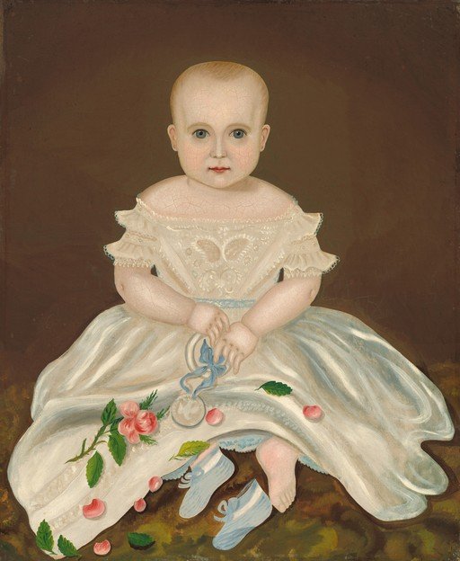 Portrait of a Child in a White Dress with Blue Shoes