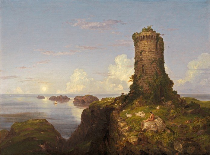Ruined Coastal Tower with Shepherd and Sheep