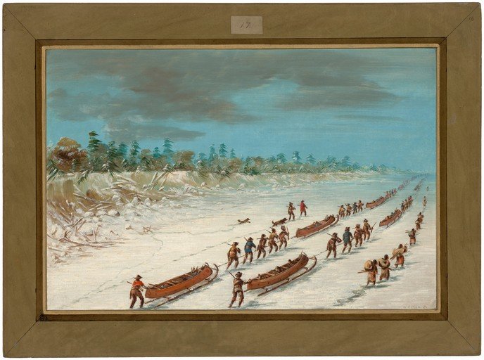 Indigenous people hauling canoes over ice