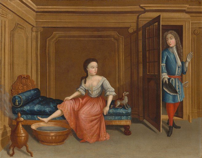 18th Century Scene: Woman Bathing Foot, Man Enters