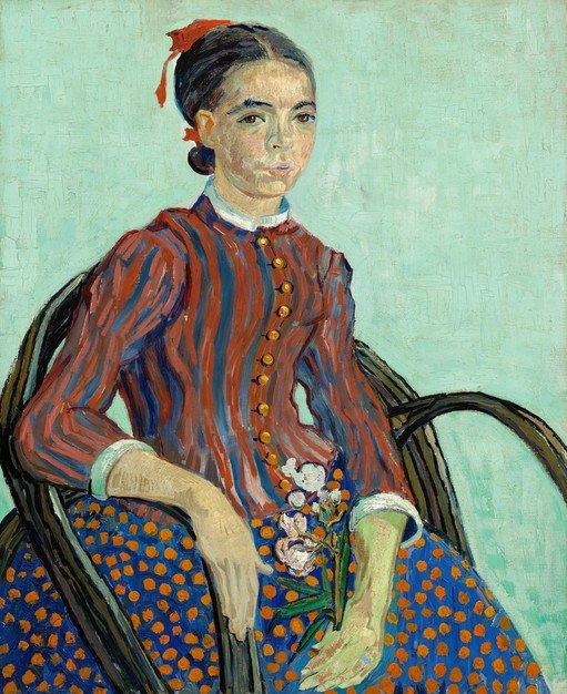 Girl in a Red and Blue Striped Dress with Flowers
