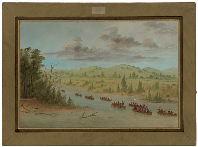 Indigenous People in Canoes on a River Landscape