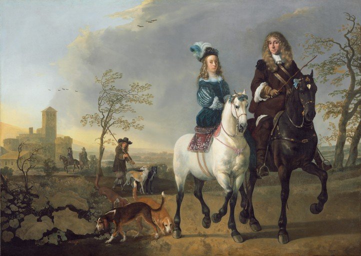 Equestrian Portrait of a Royal Couple with Dogs and Castle