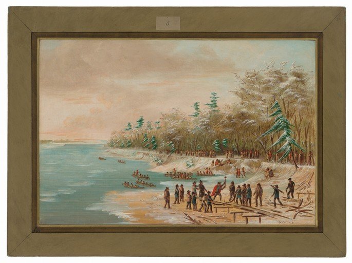 Indigenous People and Settlers in Canoes by a Snowy Shore