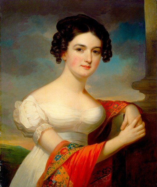Portrait of a Woman in a White Dress with a Red Shawl