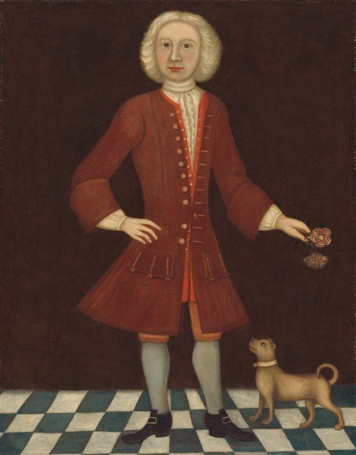 Portrait of a Young Boy with a Dog and Flowers