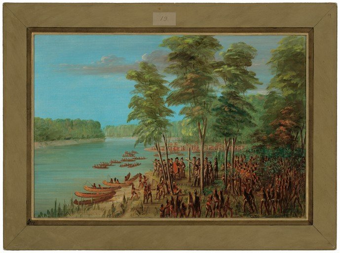 Native American Encounter with Europeans on a River