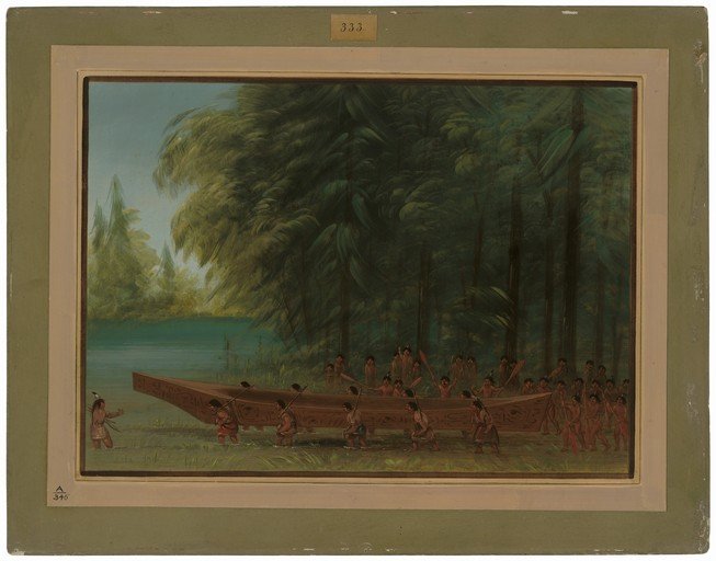 Indigenous people carrying a large canoe through a forest