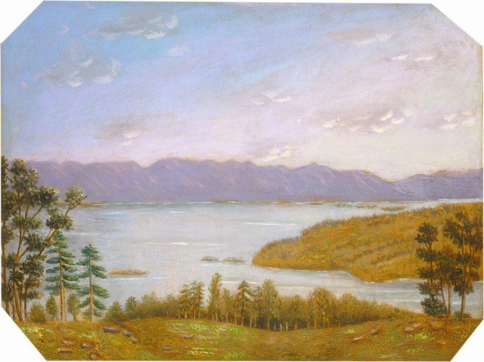 Serene Landscape Painting of a Lake and Mountains