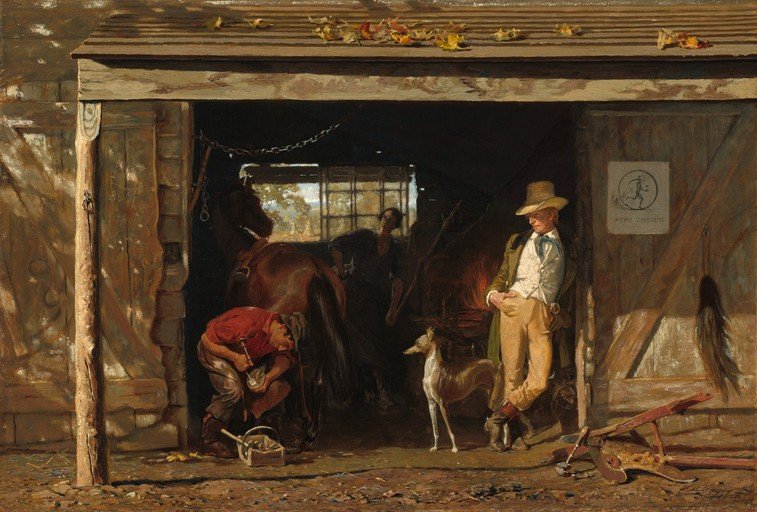 Blacksmith Shoeing Horse in Barn