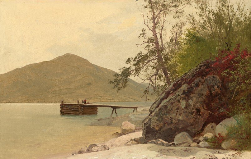 Serene Lakeside Scene with Wooden Dock and Mountain Backdrop