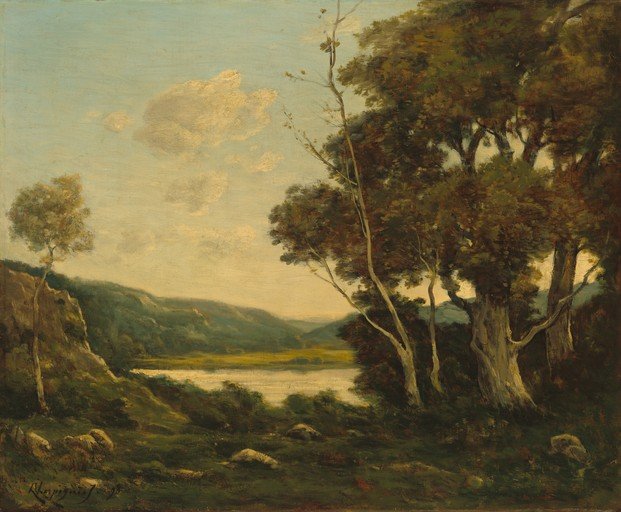 Serene Landscape Painting of a River Valley with Trees