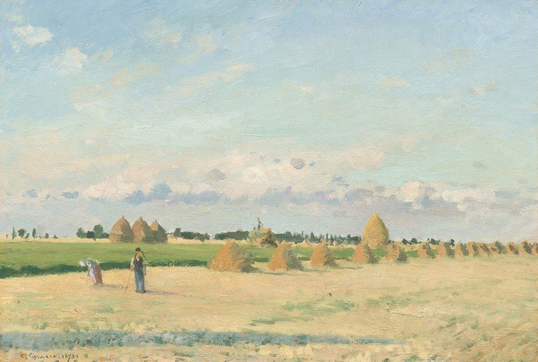 Haystacks in a Field Under a Cloudy Sky