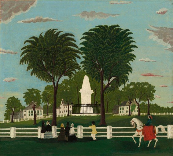 American Folk Art Painting of a Monument and Figures