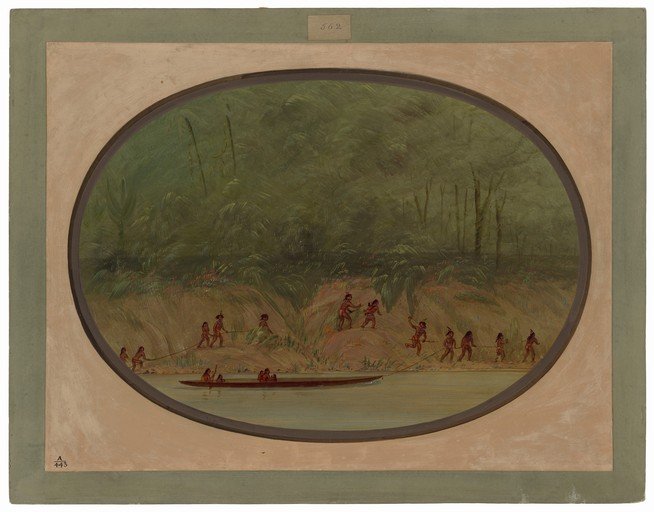 Indigenous People Hauling Boat on Riverbank