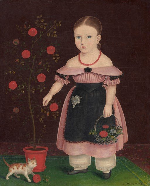 Girl with Rose Tree and Cat