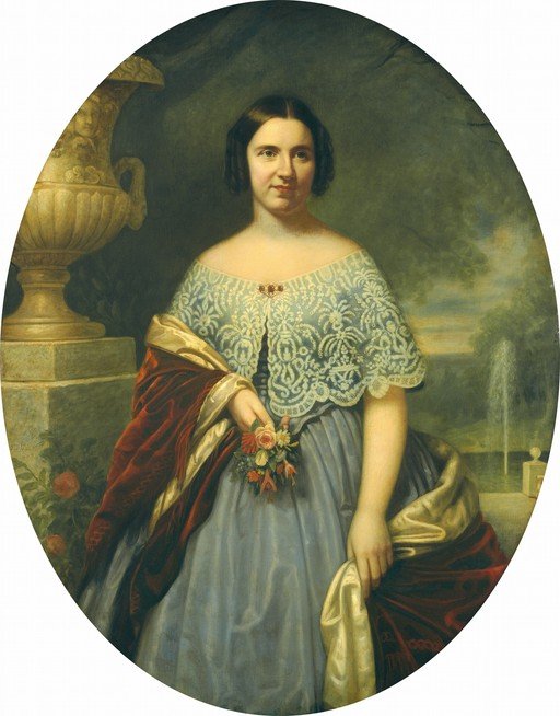 Victorian Woman in Lace Cape Holding Flowers
