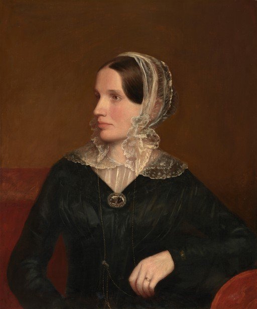 Portrait of a Woman in Black Dress and Lace Bonnet