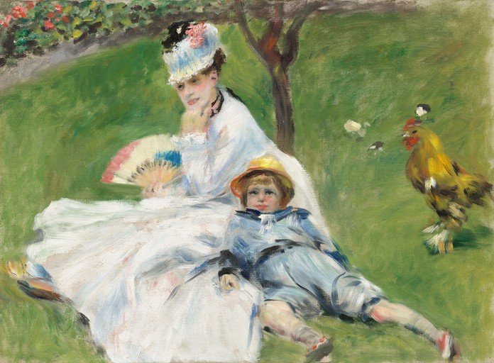 Woman and Child in a Garden with a Rooster