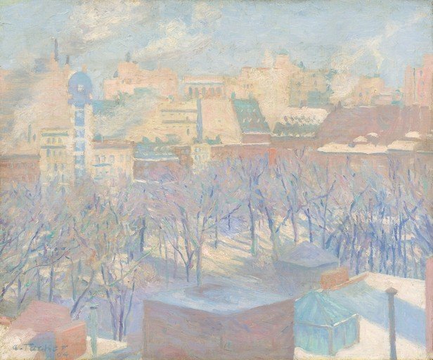 Winter Cityscape with Snow-Covered Trees and Buildings