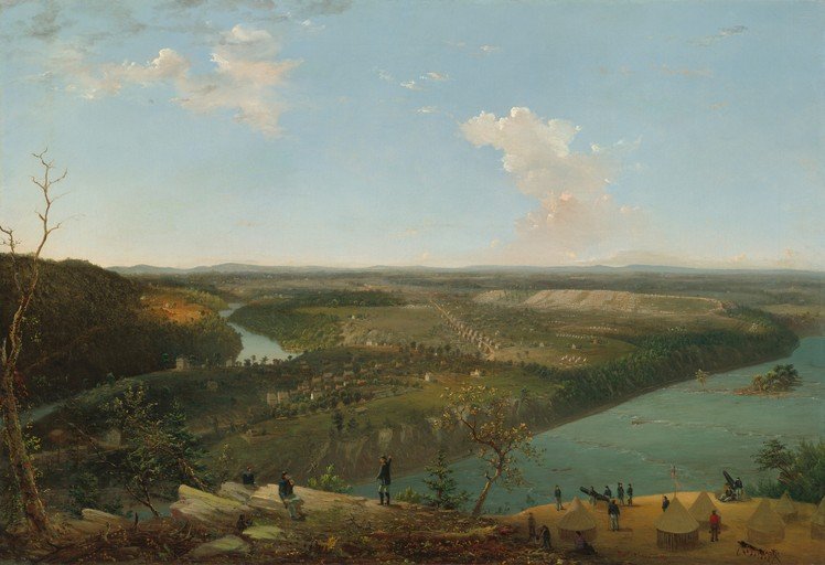 Panoramic View of a River Valley with Military Encampment