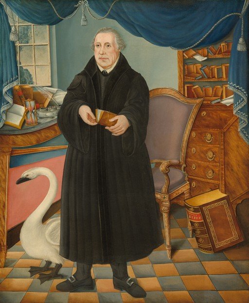 Portrait of a Man in a Black Robe with a Swan and Books