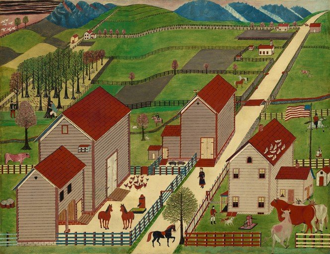 Folk Art Farm Scene with Animals and Buildings