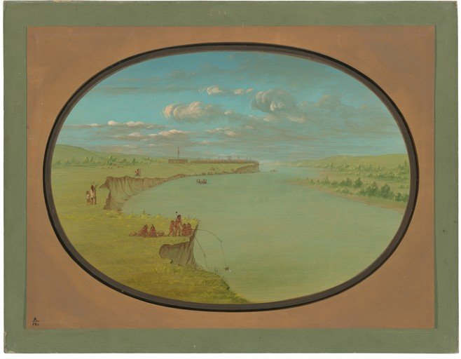 Native American encampment by a wide river with a distant fort
