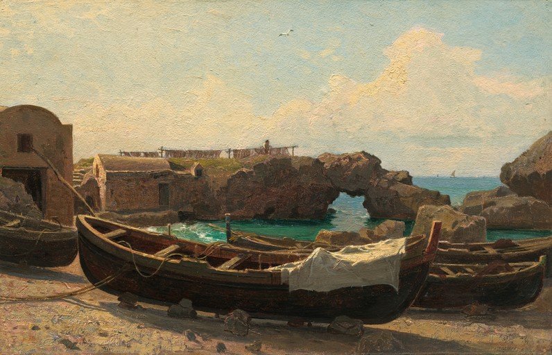 Coastal Scene with Boats and Arch Rock Formation